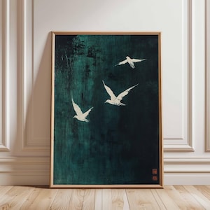 Póster de pájaros en vuelo, arte abstracto de pared con pájaros, decoración moderna en verde y blanco, arte minimalista de la naturaleza, póster grande de pájaros.