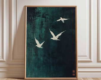 Birds in Flight Poster Art Print, Abstract Bird Wall Art, Green and White Modern Decor, Minimalist Nature Art, Large Bird Poster