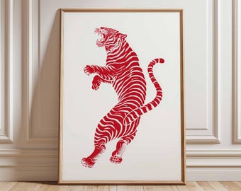 Red Tiger Poster, Bold Minimalist Animal Wall Art, Striking Modern Jungle Cat Print for Living Room or Office Decor