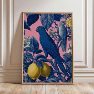 Blue Parrot Lemon Wall Art Print, Vintage Botanical Bird Poster, Tropical Fruit Art, Bold Colourful Decor, Modern Nature Illustration