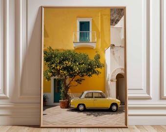 Mediterranean Lemon Tree Wall Art Print Vintage Car Poster Italian Summer Decor Amalfi Coast Travel Photography Kitchen Dining Room
