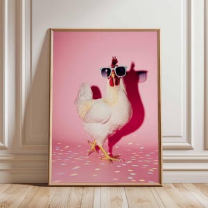 Cool Chicken Wall Art Poster, Funny Hen with Sunglasses Print, Quirky Pop Style Farm Animal Decor, Unframed Artwork for Kitchen or Bar