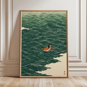 Art japonais des vagues, impression de bateau en mer, affiche minimaliste de l'océan, art mural de style traditionnel
