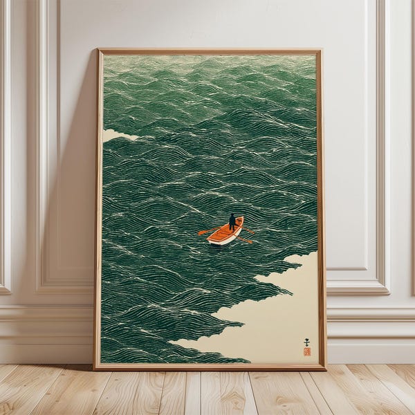 Japanese Wave Art, Boat at Sea Print, Minimalist Ocean Poster, Traditional Style Wall Art
