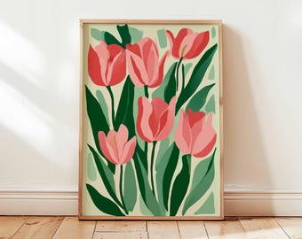 Väggkonsttryck med rosa tulpan, minimalistisk botanisk blomposter, skandinavisk blommig heminredning, modernt vårkonstverk (oramat)