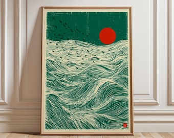 Japanese Ocean Waves Poster, Emerald Sea Wall Art, Woodblock Print