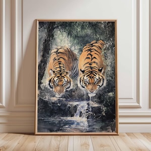 Poster di tigre – Arte realistica della fauna selvatica di due tigri nella foresta, decorazione da parete con animali della giungla, stampa artistica ispirata alla natura