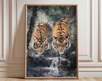 Tiger Poster – Realistic Wildlife Art of Two Tigers in the Forest, Jungle Animal Wall Decor, Nature-Inspired Art Print