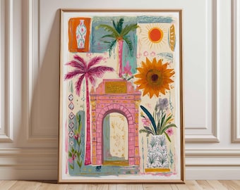 Moroccan Archway Poster, Boho Wall Art, Colorful Travel Print, Exotic Botanical Decor, Mediterranean Home Artwork