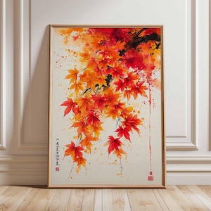 Japanese Maple Poster, Autumn Leaves Wall Art, Red Orange Foliage Print, Asian Nature Painting, Zen Botanical Artwork, Fall Season Decor