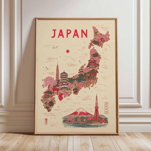 May include: Framed vintage-style travel poster of Japan. The map is filled with illustrations of landmarks, including Mount Fuji, pagodas, and the Tokyo Tower. The word "JAPAN" is printed in red at the top. The poster is in a wooden frame.