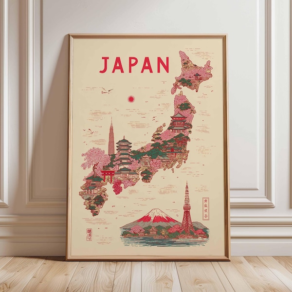 Japan Map Poster, Vintage Travel Wall Art, Japanese Landmarks Illustration