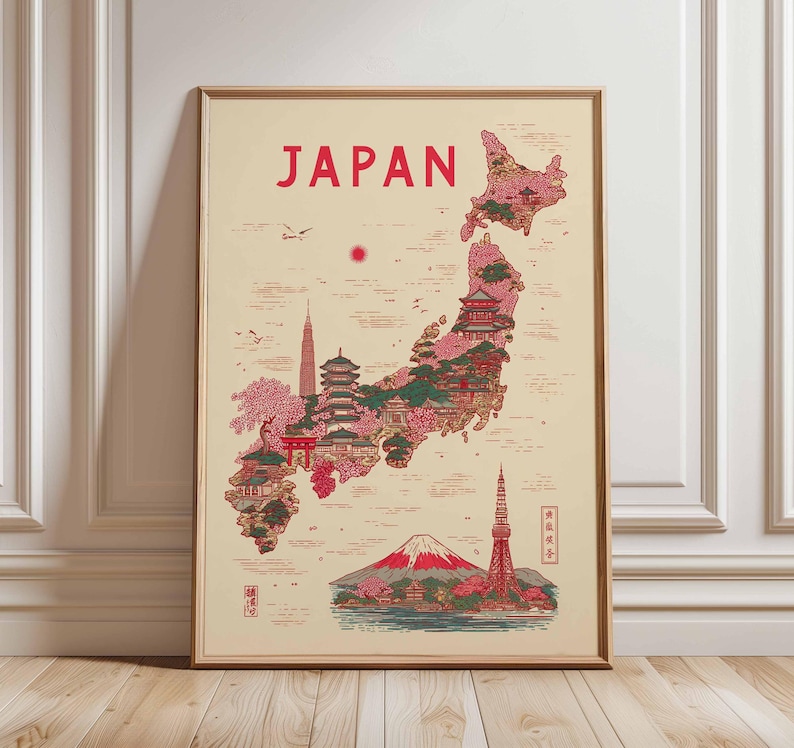 May include: Framed vintage-style travel poster of Japan. The map is filled with illustrations of landmarks, including Mount Fuji, pagodas, and the Tokyo Tower. The word "JAPAN" is printed in red at the top. The poster is in a wooden frame.