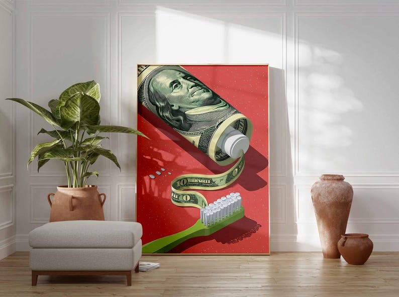 Sbill Toothpaste Money Toothpaste Art Print, Conceptual Pop Art, Brush Your Teeth With ...