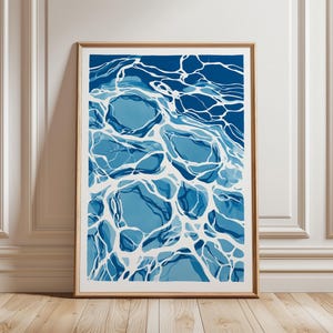 Puede incluir: Una impresión artística enmarcada que representa una vista abstracta del agua. La obra de arte presenta tonos de azul y blanco, con un patrón de luz reflejado en la superficie del agua. El marco es de color marrón claro.
