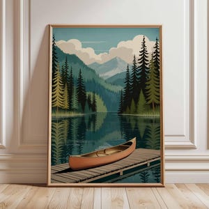 Canoe Lake Poster, Mountain Forest Wall Art, Nature Landscape Print, Scenic Lakehouse Decor, Rustic Cabin Poster