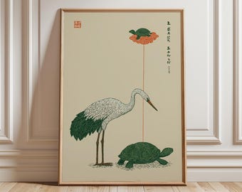 Crane and Turtle Wall Art Print, Japanese Symbolism Poster, Minimal Nature Illustration