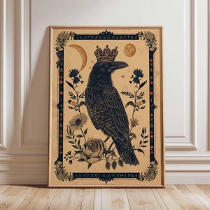 Crowned Raven Poster, Gothic Crow Wall Art Print, Mystical Moon Floral Decor, Vintage Occult Bird Illustration, Unframed Dark Art