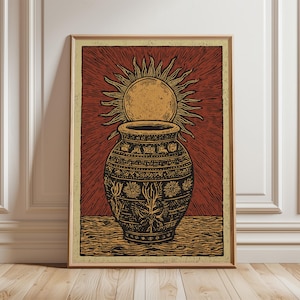 Southwestern Pottery Art Print | Vintage Sun Symbol Illustration | Rustic Folk Wall Art Poster