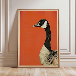 カナダグースのポスター、大胆な鳥のウォールアートプリント、モダンな野生動物のイラスト、オレンジ色の背景の動物の装飾、フレームなしの自然プリント