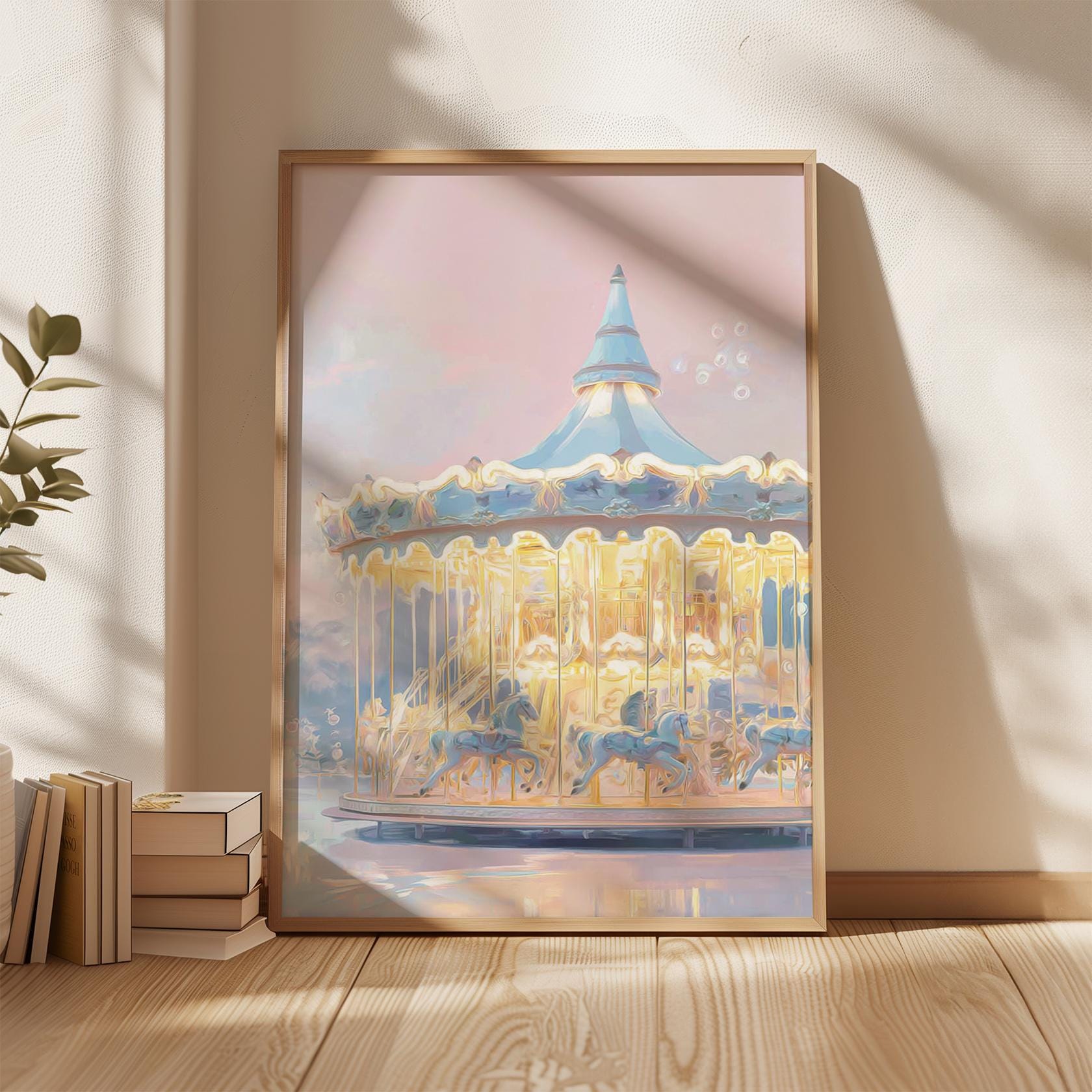 Vintage Carousel Art Print, Pastel Nursery Wall Decor, Dreamy Blue Pink ...