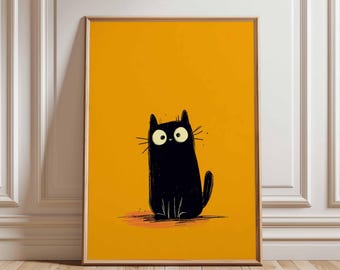 May include: A framed art print depicting a cartoon black cat with large eyes on a yellow background. The cat is drawn in a simple, expressive style. The print is encased in a light brown wooden frame, suitable for home decor.
