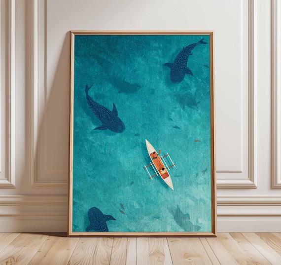 Ocean Wall Art, Whale Shark Poster, Kayak Adventure Print, Tropical Sea Illustration, Coastal Beach Decor, Nautical Wall Artwork, Ocean Gift