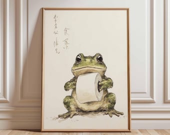 Frog Poster – Cute Frog Holding Toilet Paper – Funny Animal Wall Art, Quirky Home Decor, Unique Bathroom Print, Funny Frog Art