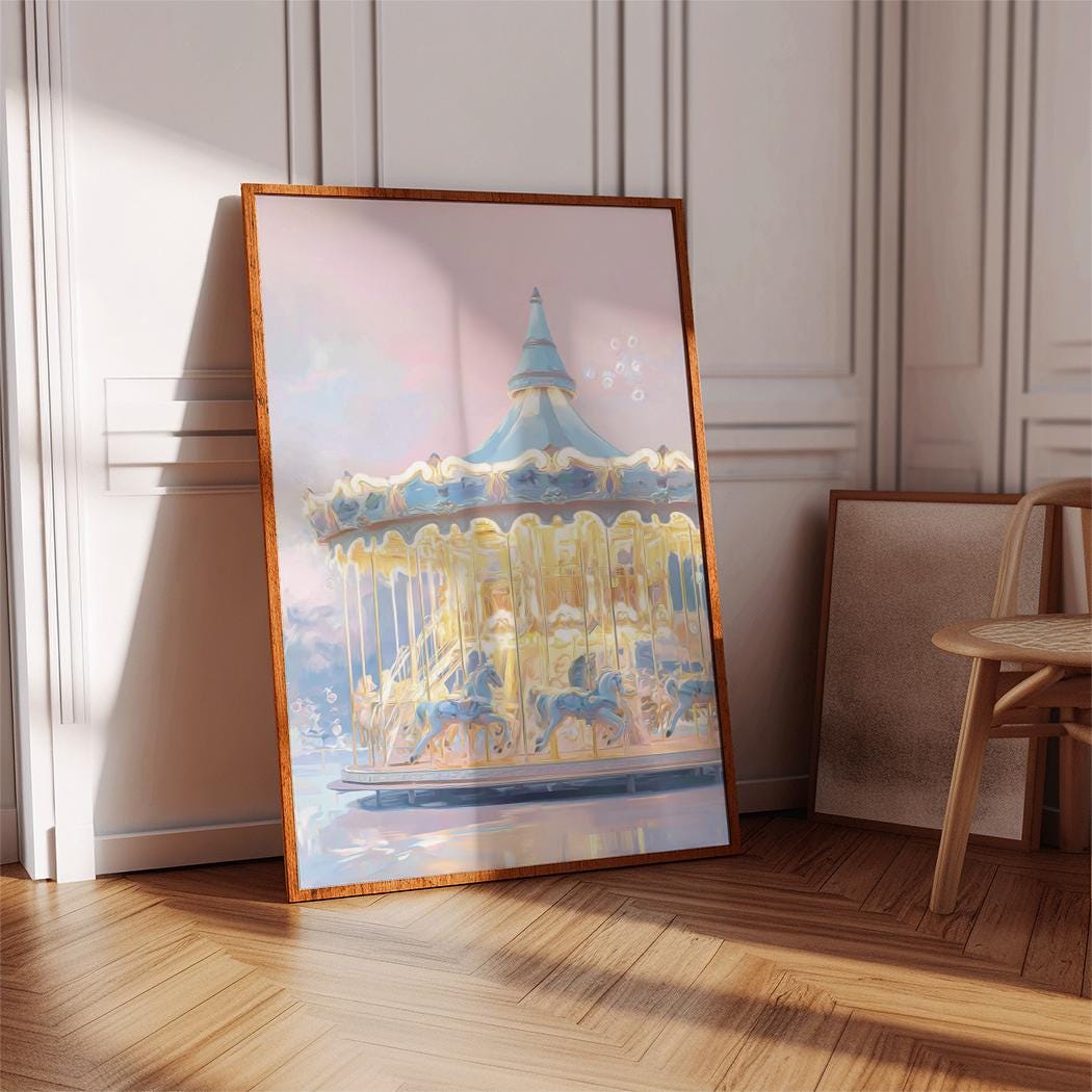 Vintage Carousel Art Print, Pastel Nursery Wall Decor, Dreamy Blue Pink ...