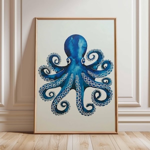 Blue Octopus Poster Print – Coastal Wall Art Ocean Animal Artwork Nautical Decor Marine Life Painting Sea Creature Watercolor Style