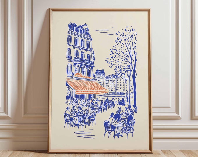 Paris Café Line Art Poster Print, French Bistro Wall Art, Minimalist Paris Sketch Decor, European Coffee Shop Illustration