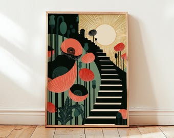 Art Deco Floral Poster, Coral Botanical Wall Art, Paper Print