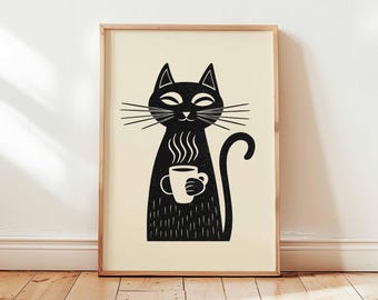 Minimalistyczny plakat z kawą z czarnego kota, dziwaczny wydruk ścienny z grafiką liniową, nowoczesny monochromatyczny wystrój dla miłośników kotów, zabawna przytulna sztuka kuchenna bez ramki