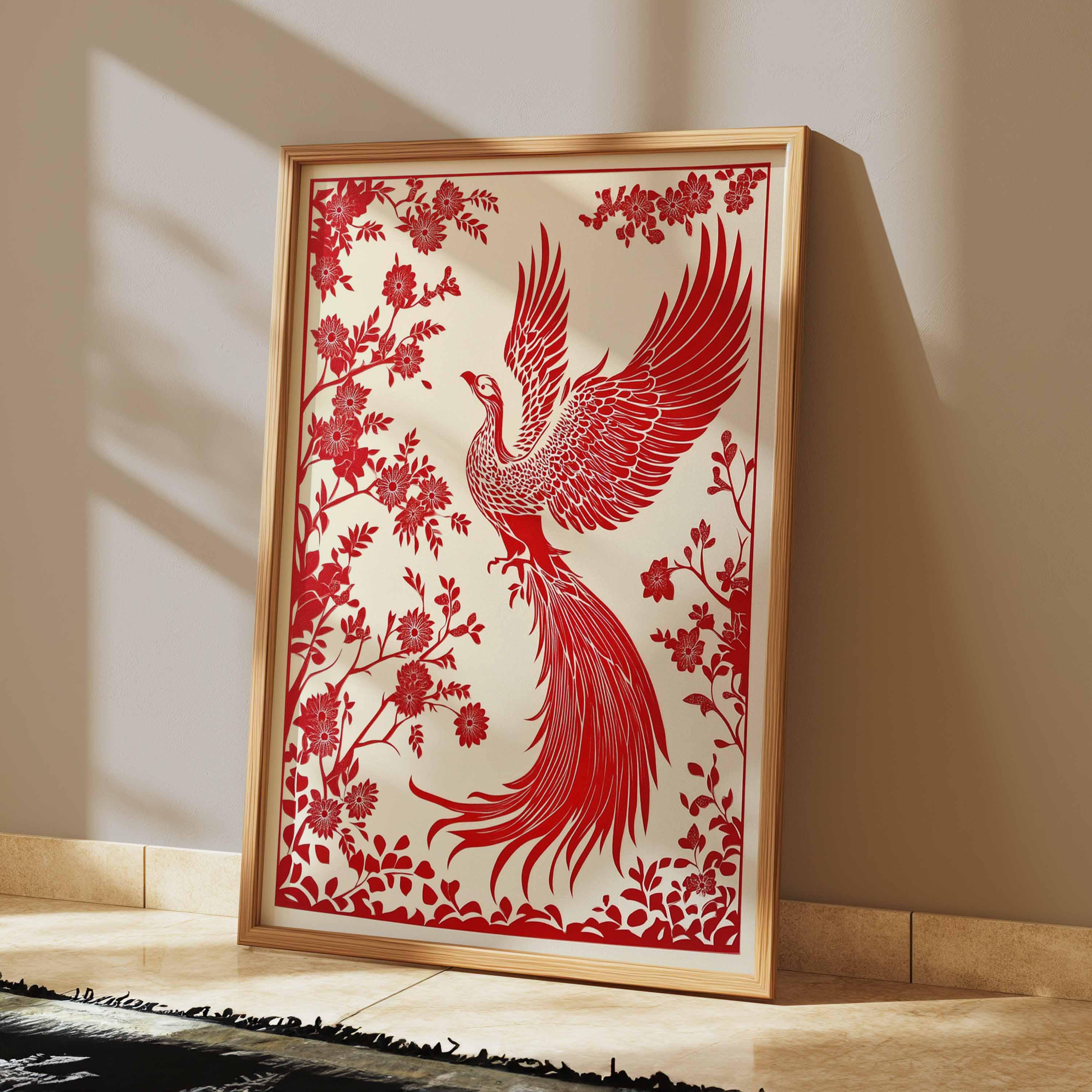 Red Phoenix Bird Art Print, Floral Wall Art, Chinese Paper Cut