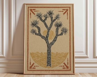 Joshua Tree Vintage Poster, Desert Sun Cactus Wall Art, Southwestern Nature Print, Boho Western Decor, Earth Tone Botanical Illustration