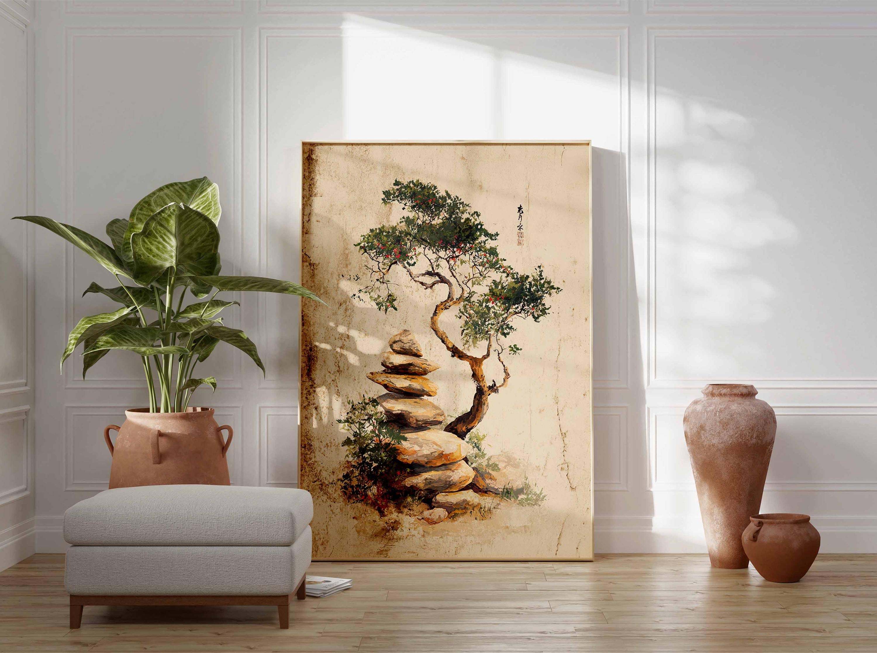 Zen Tree and Stone Stack Poster, Japanese Ink Style Wall Art