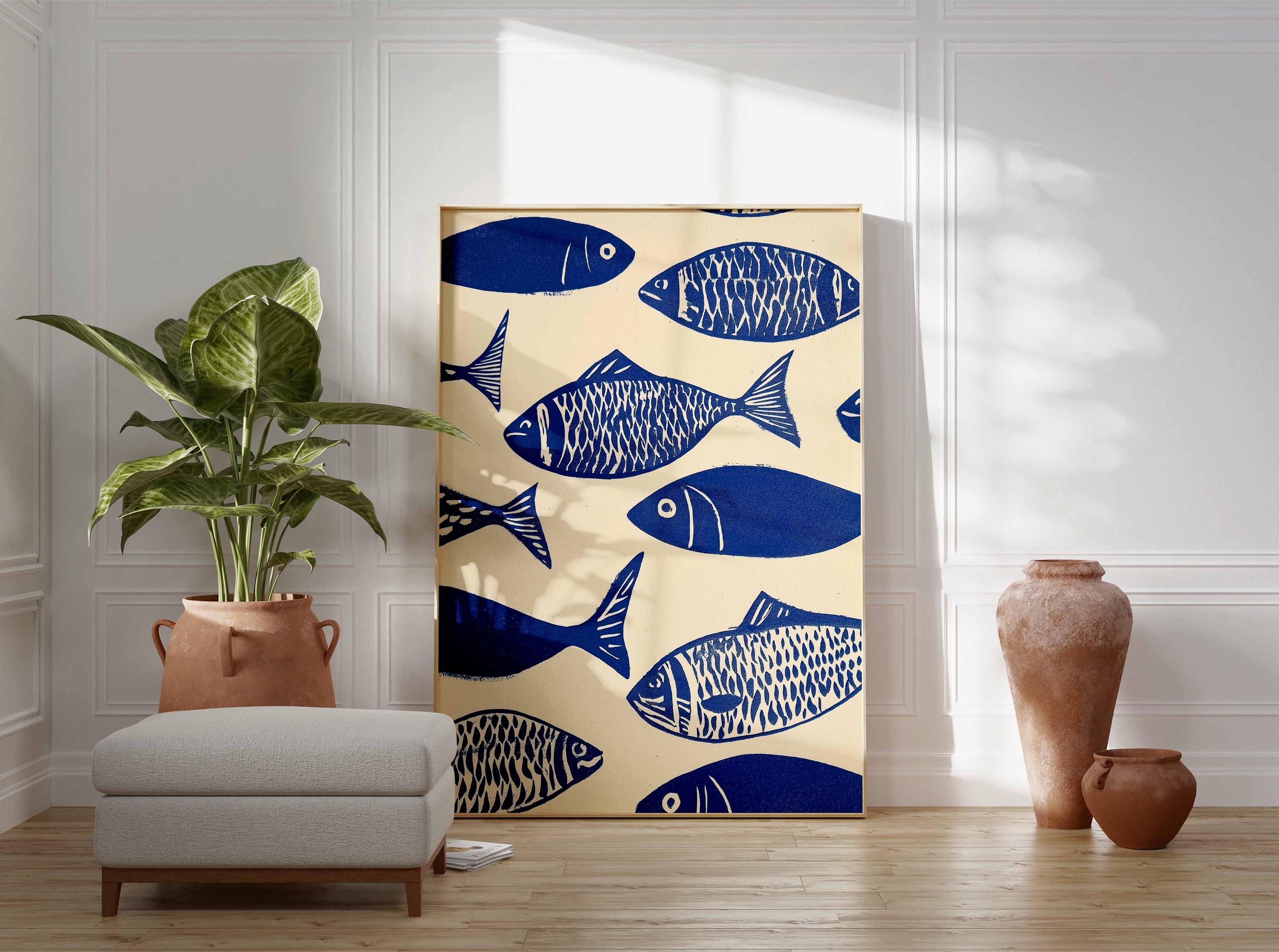 Blue Fish Wall Art Print, Nautical Coastal Kitchen Poster