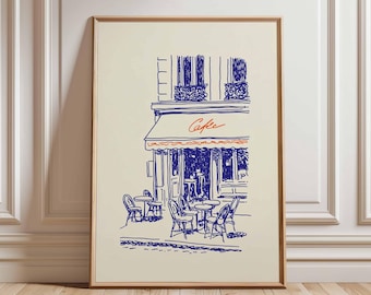Paris Café Line Art Poster Print, French Bistro Wall Art, Minimalist Paris Sketch Decor, European Coffee Shop Illustration