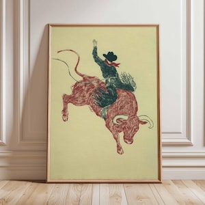 Cowboy Bull Riding Print, Western Rodeo Poster, Vintage Ranch Wall Art, Rustic Cowboy Decor, Wild West Bull Rider Artwork