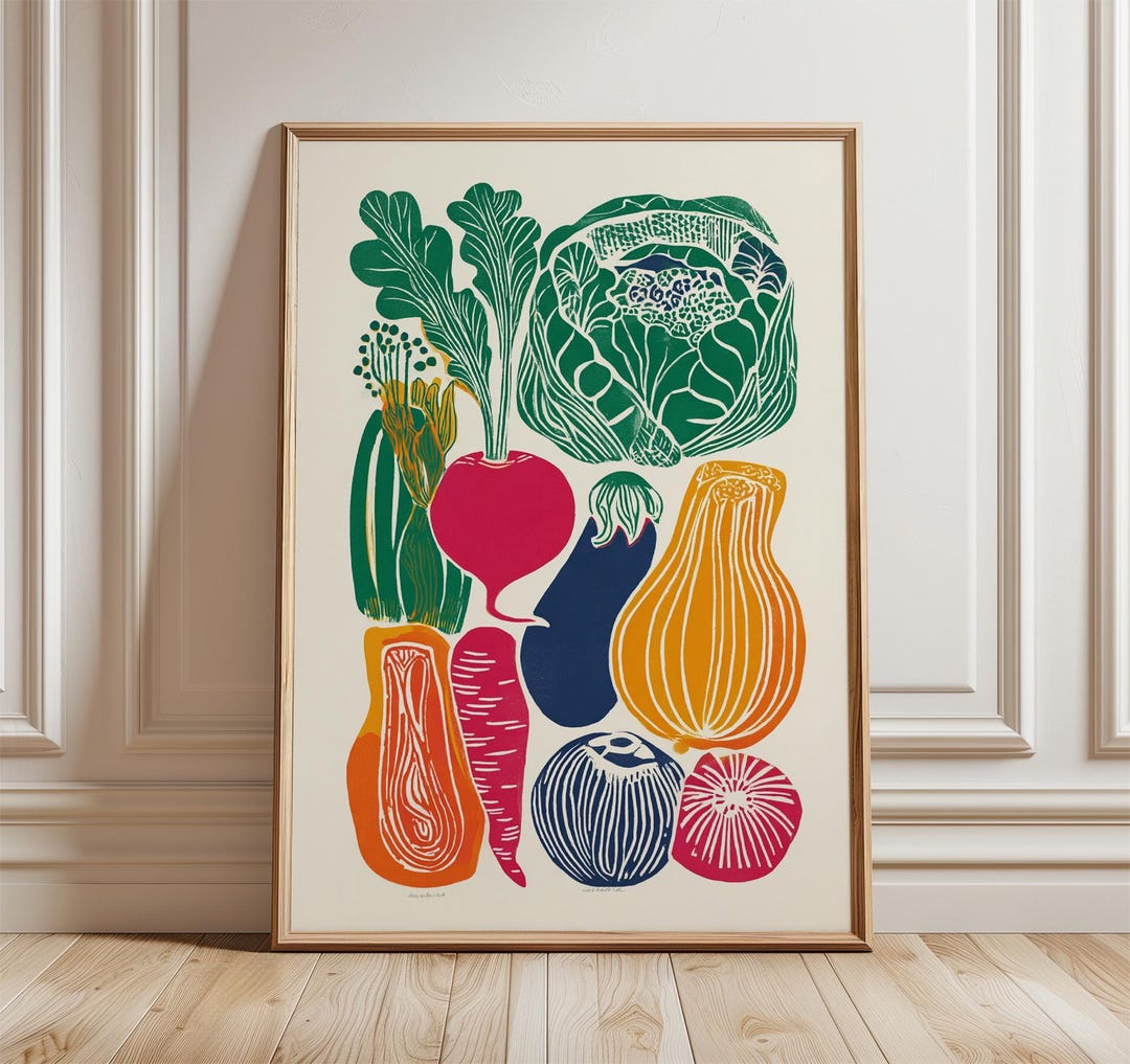 rustic vegetable kitchen prints | 3-piece wall art |... Vegetable Kitchen Wall Art, Retro Farmers Market Print, Colourful ...