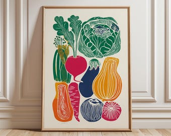 May include: A framed art print featuring a colorful illustration of various vegetables. The print showcases a vibrant arrangement of a cabbage, beet, eggplant, squash, and other produce in shades of green, red, orange, and blue. The artwork is displayed in a wooden frame.