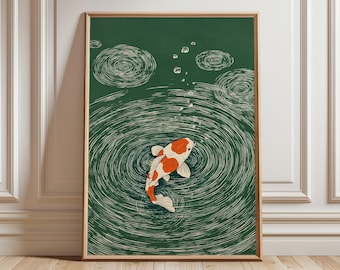 Koi Fish Wall Art, Japanese Ripple Illustration, Minimal Green & Orange Print, Zen Water Poster