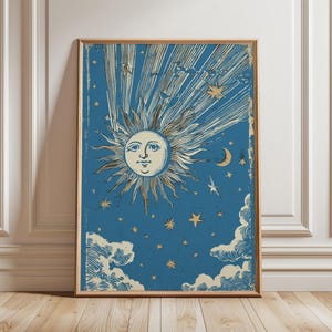 Celestial Sun Poster, Vintage Cosmic Illustration Print, Blue Sky Wall Art