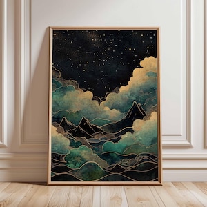 Póster de nubes de montaña estrellada, arte paisajístico dorado y verde azulado, impresión abstracta de cielo nocturno, arte de nubes de ensueño, decoración moderna de pared de montaña