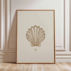 Minimalistisk snäckskalstreckkonstposter, kuststrandväggkonst, elegant snäckskaltryck, neutral havsdekor, havsinspirerat konstverk