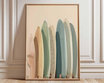Muted Surfboards Beach Art Print Poster, Boho Minimalist Art, Coastal Beach House Decor Surfer Gift Nursery Wall