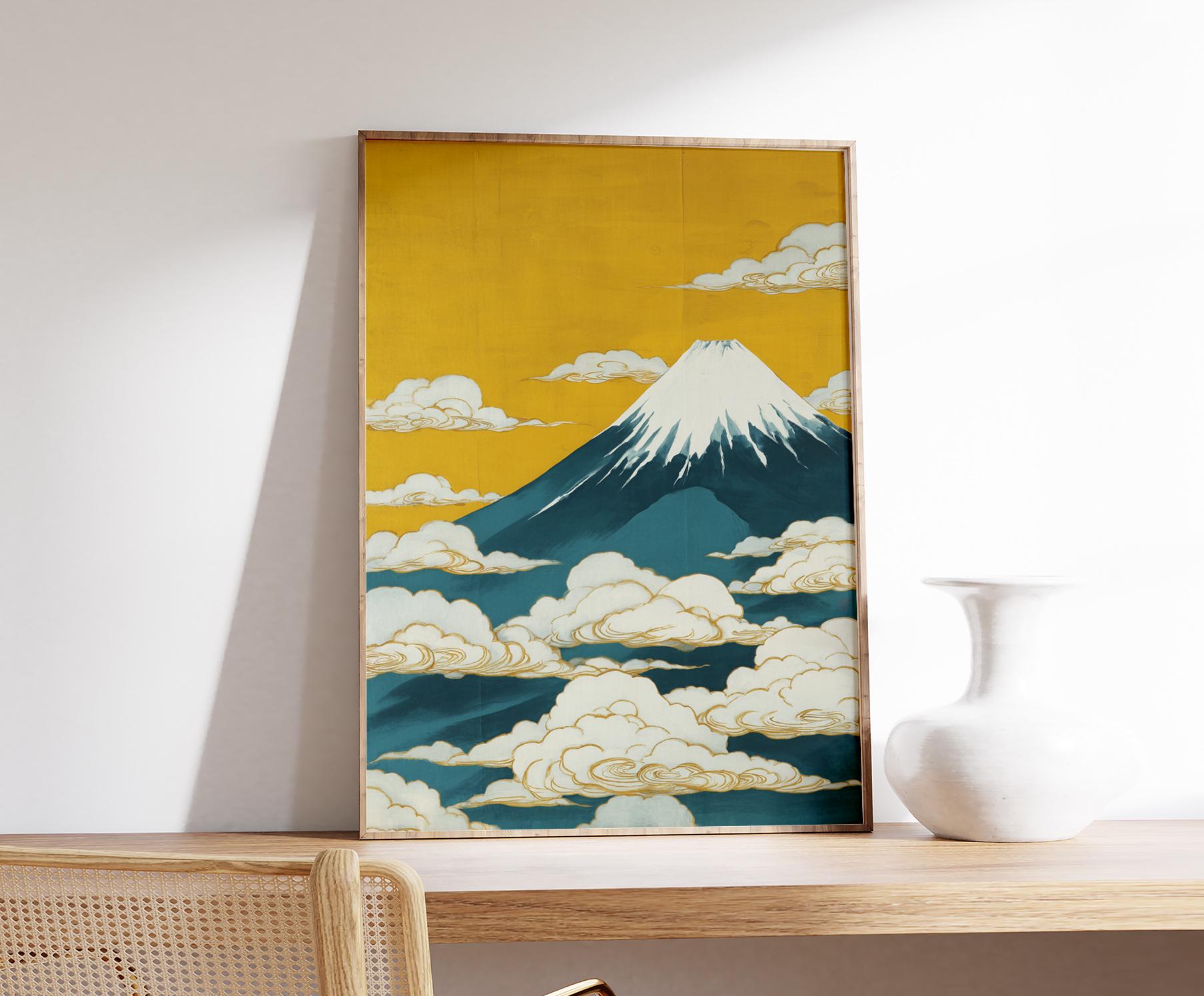 富士山ポスター、ティールとゴールドの日本画、縦長の山の壁アート