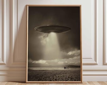 Black and White UFO Poster Print, Vintage Alien Encounter Wall Art, Retro Sci-Fi Spaceship Artwork, Dramatic Monochrome Decor
