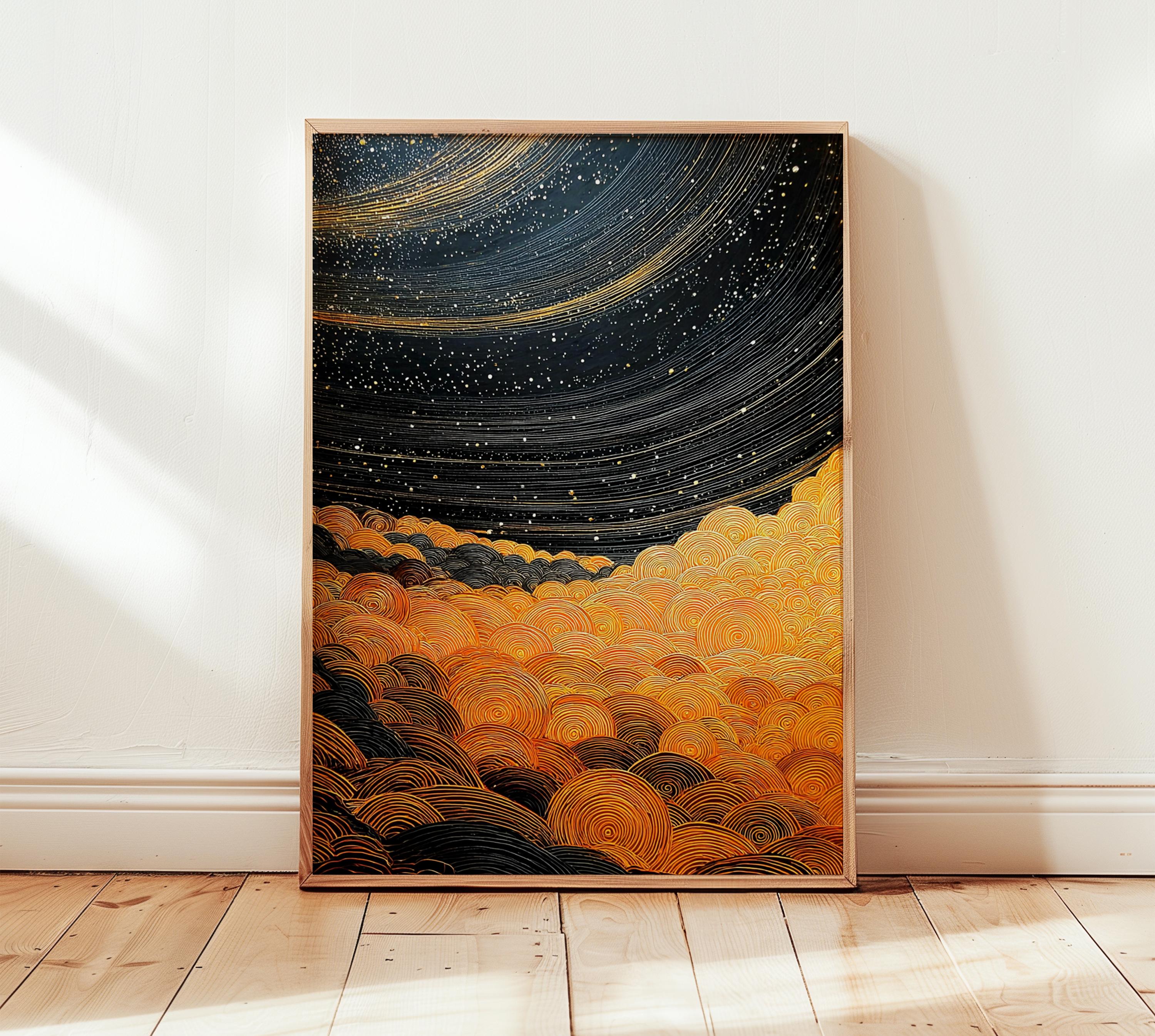 Black Gold Abstract Night Sky Art Print, Cosmic Galaxy Poster