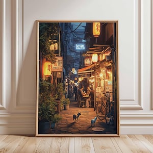 Japanese Alley Art Print, Lantern Street Scene, Tokyo Cat Poster, Night Market Print, Urban Japan Decor, Tokyo Street Art